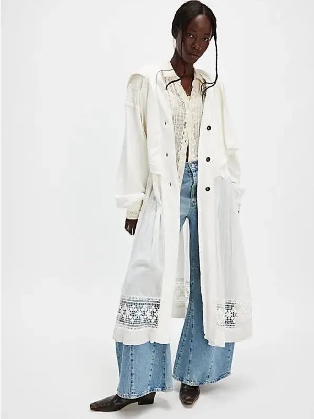 FREE PEOPLE Float On Crochet Lace Duster Cardigan White M NWT